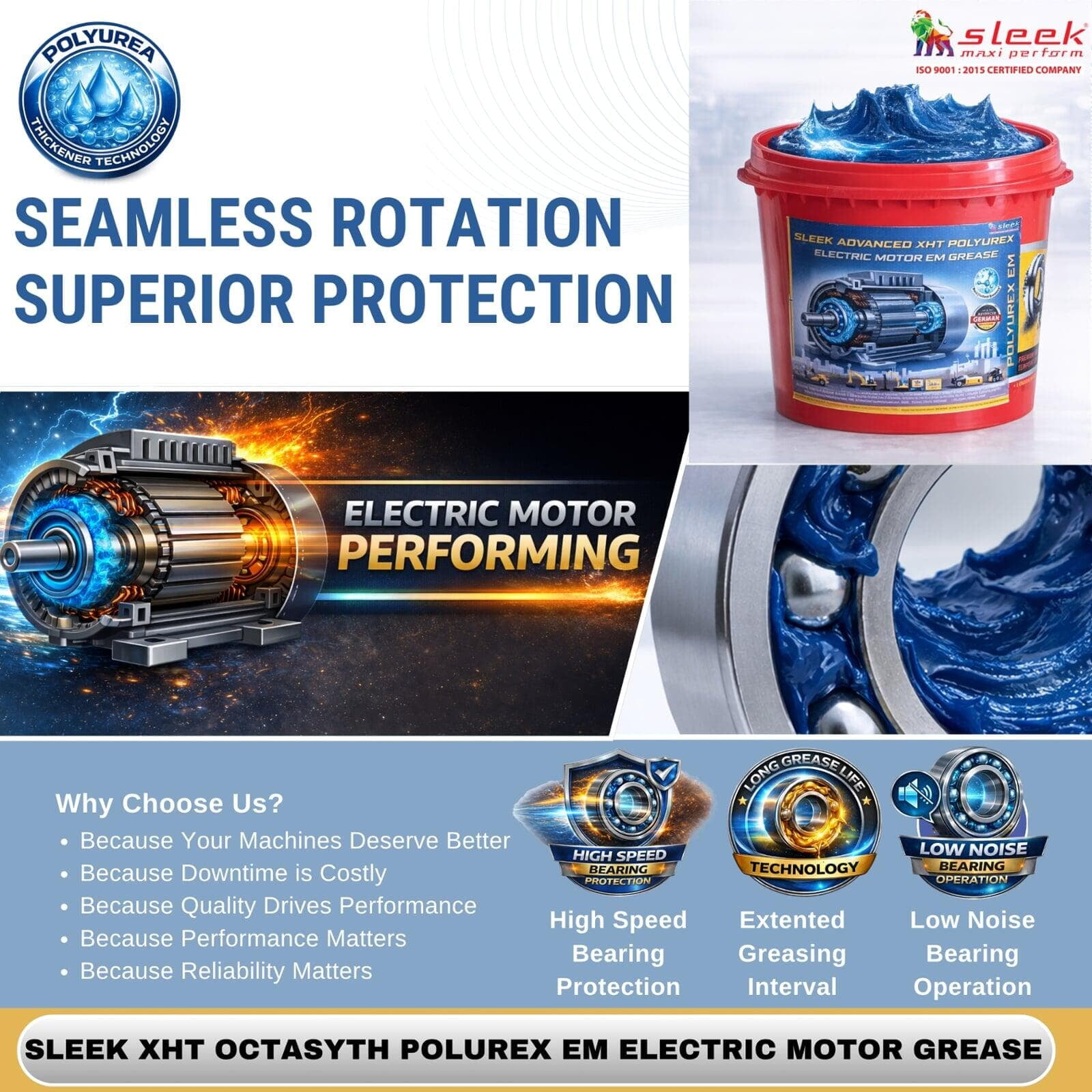 Sleek Polyurex EM Grease for Electric Motors Bearings